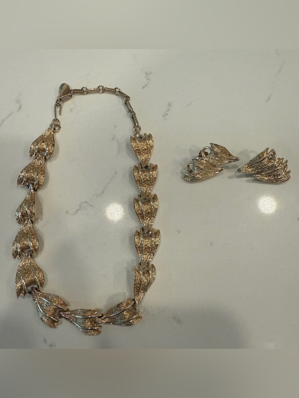 Vintage Coro Gold Tone Leaf Necklace & Earrings Set Signed